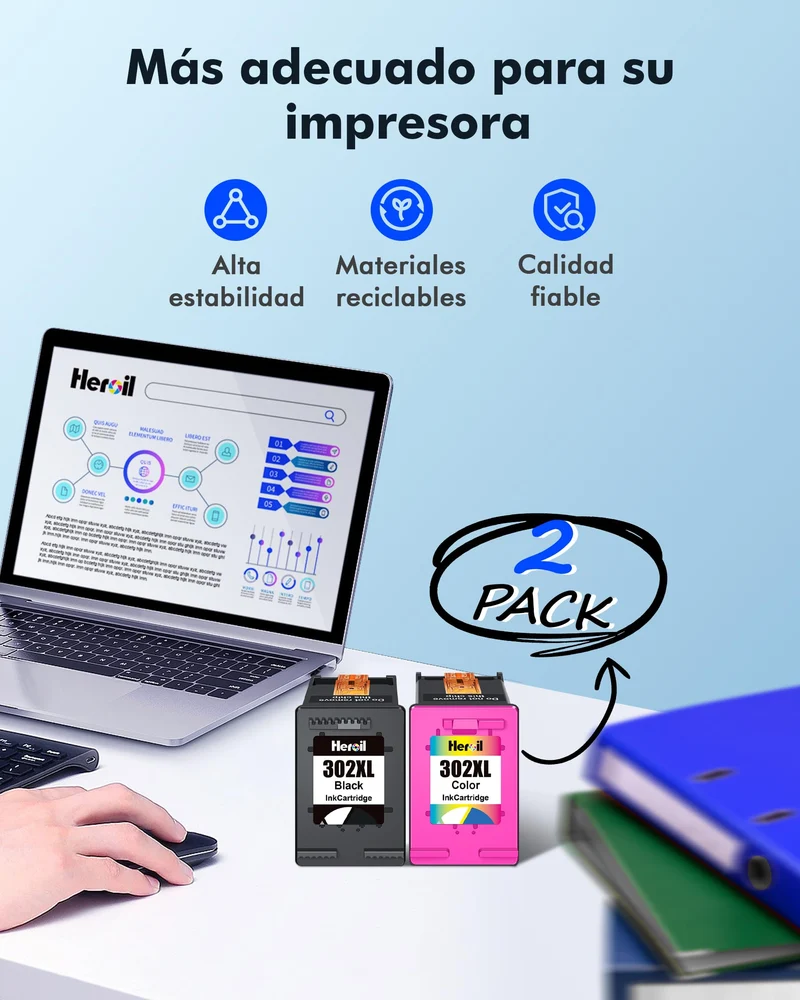 Heroil 302 XL 302XL Cartucce d'inchiostro Sostituzione per HP 302 nero e colore per HP Envy 4520 4522 4525 Officejet 3830 3834 4650 4652 DeskJet 1110 2130 3630 3632 3634 3636 (2-Pack)