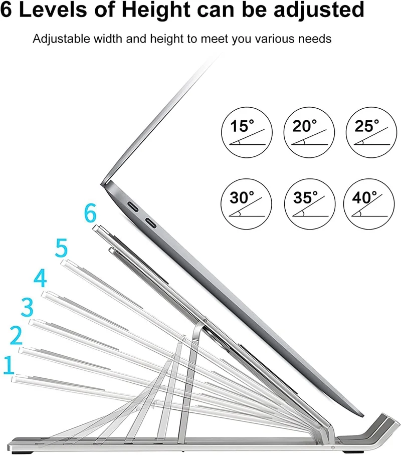 AiTodos® Supporto pc Portatile, Lega di Alluminio, Leggero, Antiscivolo, Portatile Pieghevole, Supporto per Laptop - Ventilazione e Dissipazione del Calore, Regolazione a 6 Marce - Laptop Stand