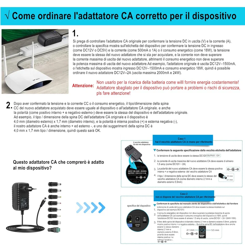 Adattatore AC-DC 24V 1A Alimentatore AC220V da 230V a DC24V con 8 adattatori per spina Caricabatterie DC24V 100mA a 1000mA (DC24Va 1A)