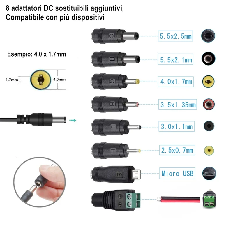 Adattatore AC-DC 24V 1A Alimentatore AC220V da 230V a DC24V con 8 adattatori per spina Caricabatterie DC24V 100mA a 1000mA (DC24Va 1A)