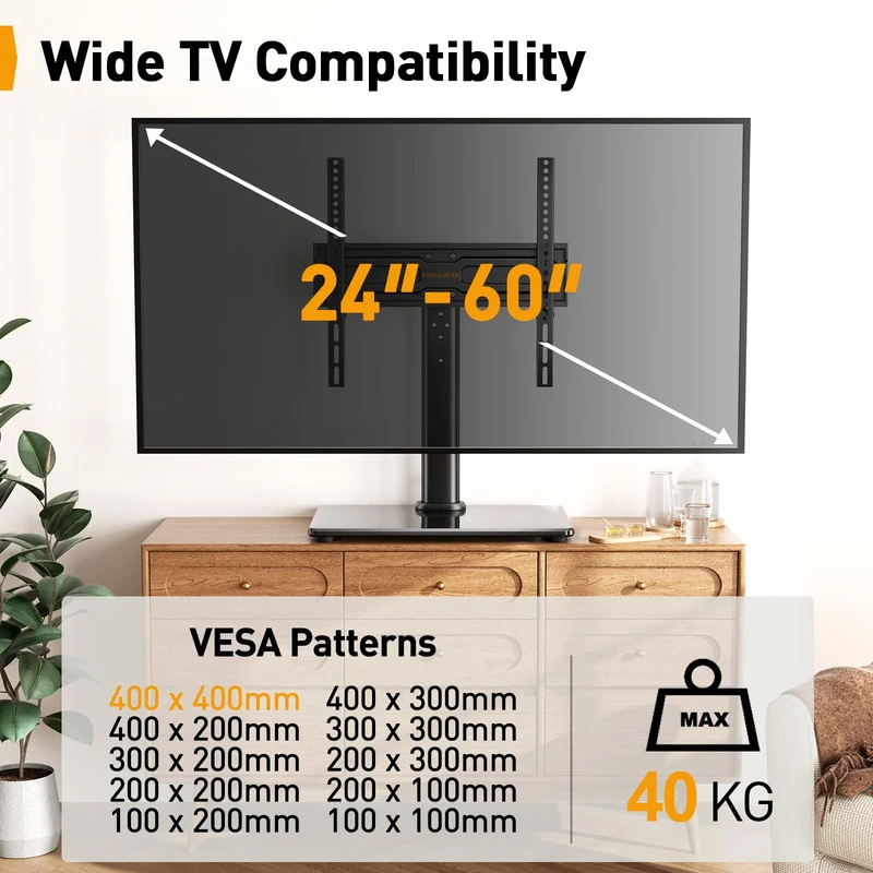PERLEGEAR Supporto TV da Tavolo Girevole per TV da 24-60 Pollici Fino a 40 kg, Universale Supporto TV da Tavolo Regolabile in Altezza, Piedistallo TV con Base in Vetro Temperato Max VESA 400x400mm
