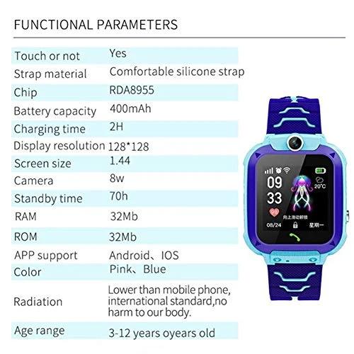 Smart Watch per bambini, Q12 Touch Smartwatch per ragazzi e ragazze, con fotocamera, supporto di posizionamento preciso, monitoraggio di attività in standby lungo con frequenza cardiaca, orologio
