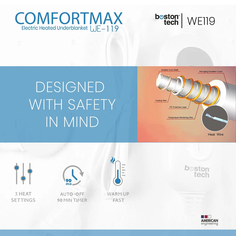 Comfortmax WE119 Sottocoperta elettrica 150 x 80 cm Spegnimento automatico Protezione da surriscaldamento, 3 impostazioni di temperatura, lavabile, scaldamaterasso adatto a tutti i materassi