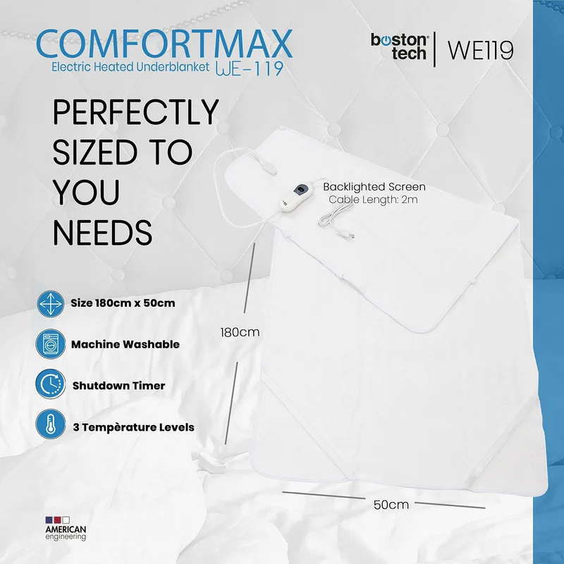 Comfortmax WE119 Sottocoperta elettrica 150 x 80 cm Spegnimento automatico Protezione da surriscaldamento, 3 impostazioni di temperatura, lavabile, scaldamaterasso adatto a tutti i materassi