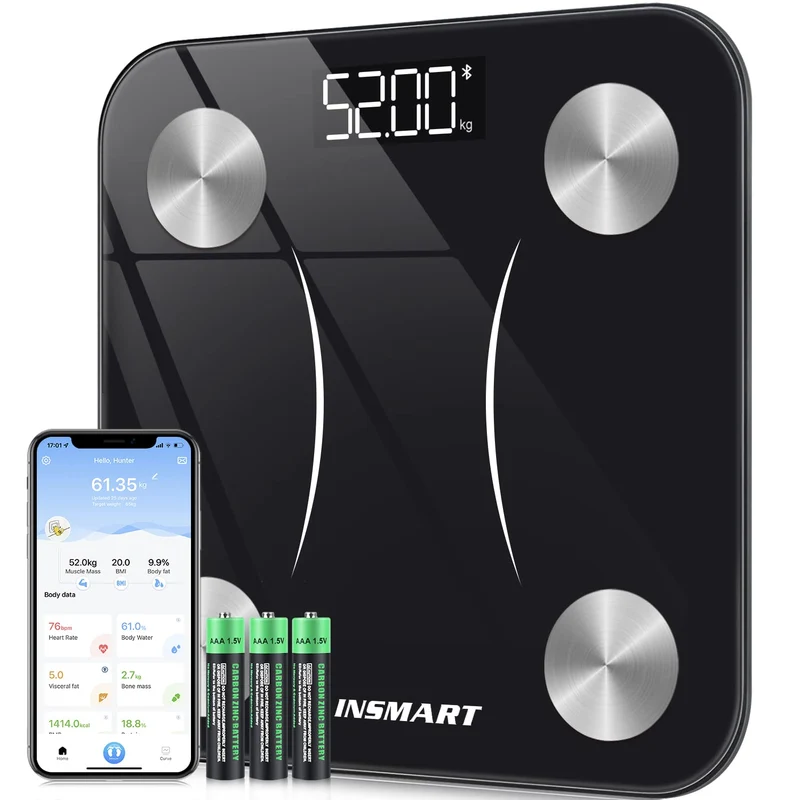 Bilancia Pesapersone Digitale Professionale, INSMART Bilancia Impedenziometrica Smart Bluetooth con 13 Indici di Misurazione Pesa Persone, Massa Grassa e Magra, BMI, Massa Muscolare o Ossea, 180KG