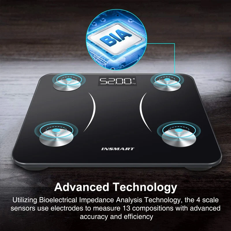 Bilancia Pesapersone Digitale Professionale, INSMART Bilancia Impedenziometrica Smart Bluetooth con 13 Indici di Misurazione Pesa Persone, Massa Grassa e Magra, BMI, Massa Muscolare o Ossea, 180KG