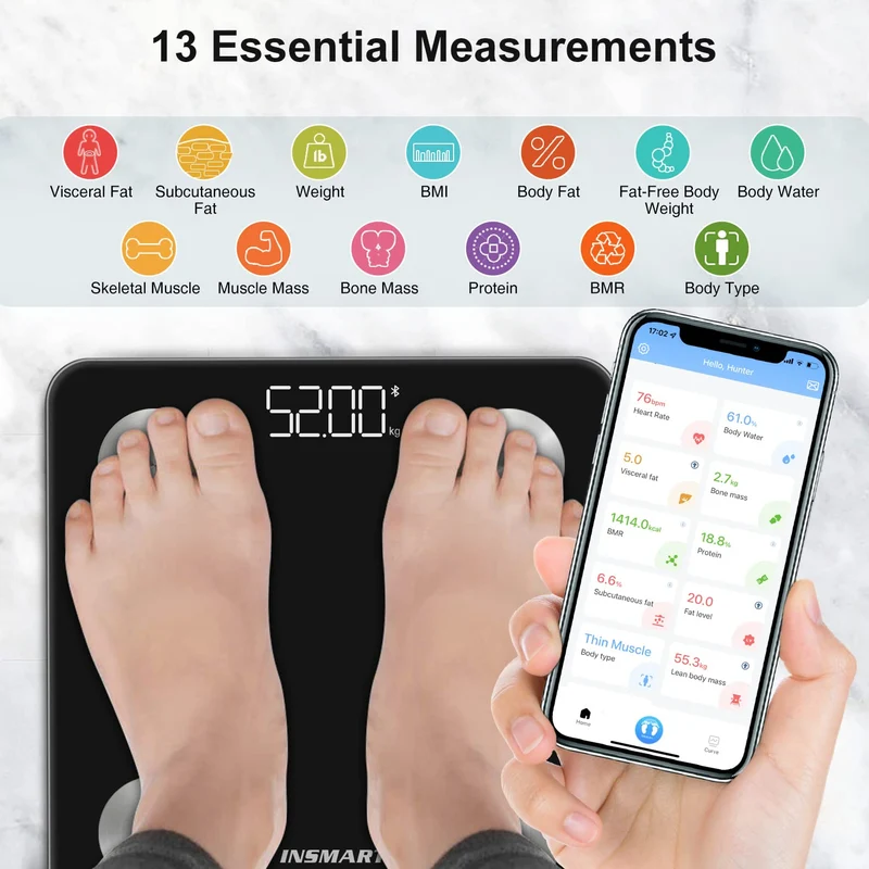 Bilancia Pesapersone Digitale Professionale, INSMART Bilancia Impedenziometrica Smart Bluetooth con 13 Indici di Misurazione Pesa Persone, Massa Grassa e Magra, BMI, Massa Muscolare o Ossea, 180KG