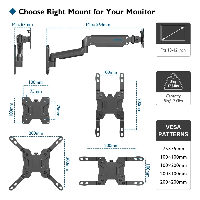 BONTEC Supporto Monitor Muro per Monitor 13-42 Pollici, Braccio Monitor Muro Singolo con Molla a Gas Ergonomico Regolabile in Altezza, Rotazione e Inclinabile, Max VESA 200x200 mm, Fino a 8kg