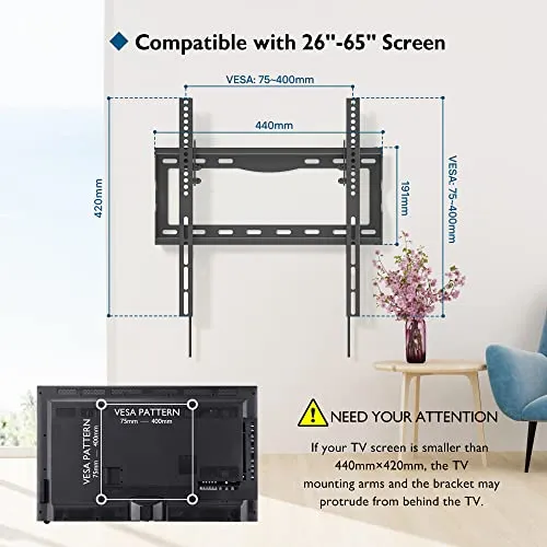 BONTEC Staffa TV per Televisori LCD LED Plasma Curvo da 26-65 Pollici, Ultrasottile Inclinabile Supporto TV da Parete fino a 55kg, Max VESA 400 x 400mm, Supporto TV Muro con Fascette per Cavi