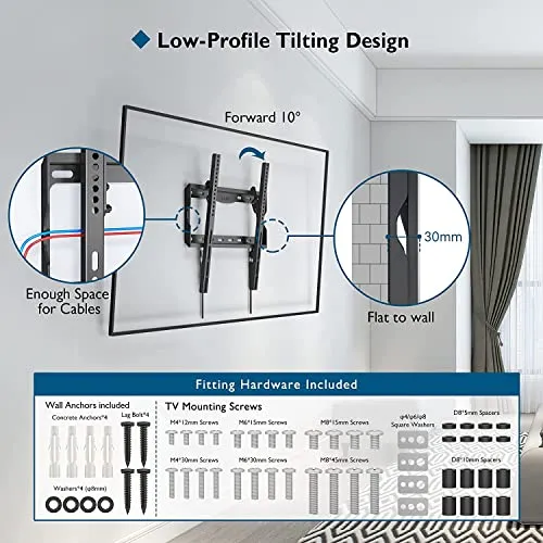 BONTEC Staffa TV per Televisori LCD LED Plasma Curvo da 26-65 Pollici, Ultrasottile Inclinabile Supporto TV da Parete fino a 55kg, Max VESA 400 x 400mm, Supporto TV Muro con Fascette per Cavi