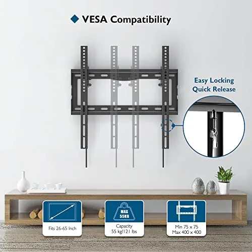 BONTEC Staffa TV per Televisori LCD LED Plasma Curvo da 26-65 Pollici, Ultrasottile Inclinabile Supporto TV da Parete fino a 55kg, Max VESA 400 x 400mm, Supporto TV Muro con Fascette per Cavi