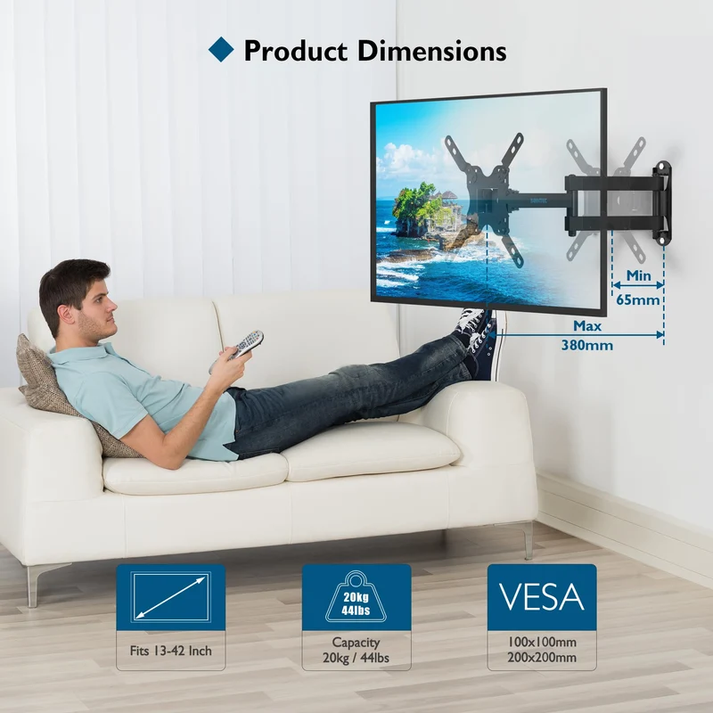 BONTEC Supporto da Parete TV e Monitor da 13-42 Pollici, Braccio TV con Inclinabile, Girevole ed Estendibile, Staffa TV Fino a 20 kg, Porta TV da Parete con Fascette cavi, Max VESA 200x200mm