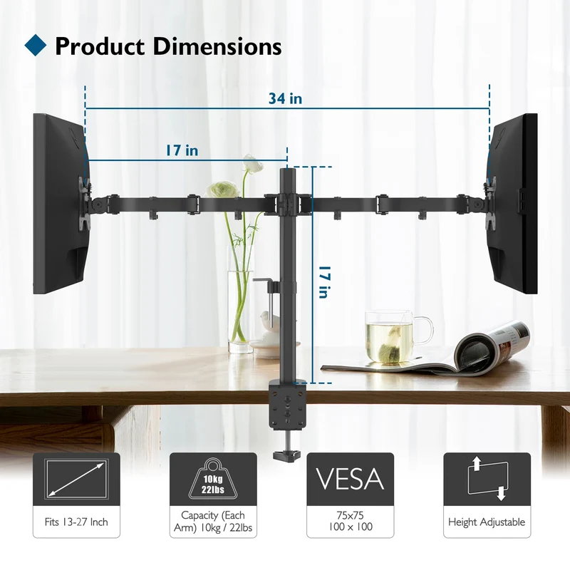 BONTEC Supporto Doppio Monitor per Schermo LED LCD da 13 a 27 Pollici, Ergonomica Inclinazione e Rotazione Braccio Monitor Scrivania con Morsetto, Dimensioni VESA: 75x75-100x100 mm