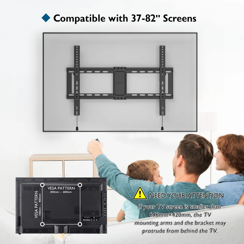BONTEC Supporto da Parete per TV LCD LED e Curvi da 37-82 Pollici, Inclinabile Staffa, 65'' per Televisore, Max VESA 600x400mm, Fino a 60 kg, con Fascette per Cavi