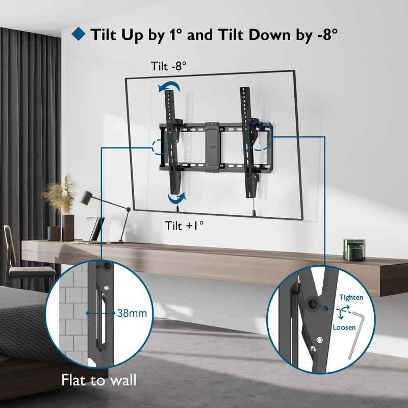 BONTEC Supporto da Parete per TV LCD LED e Curvi da 37-82 Pollici, Inclinabile Staffa, 65'' per Televisore, Max VESA 600x400mm, Fino a 60 kg, con Fascette per Cavi