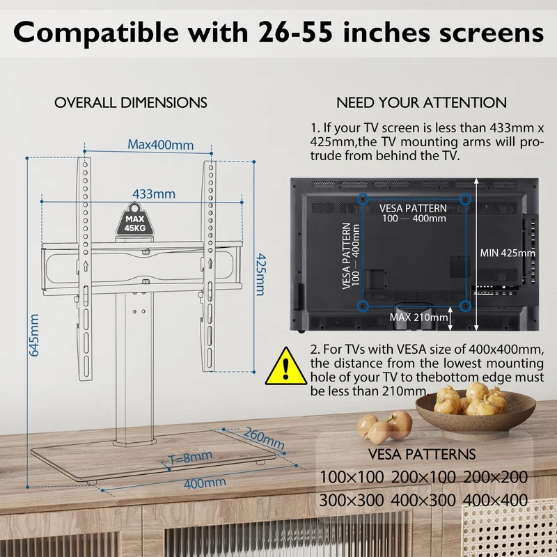 BONTEC Supporto da Tavolo per TV da 26-55 Pollici, Regolabile in Altezza e Girevole Piedistallo per TV Max VESA 400x400 mm, che Regge fino a 45 kg