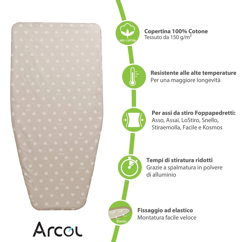 ARCOL Copertina Ricambio ad Elastico Compatibile per ASSE da Stiro Foppapedretti, Made in Italy, Copertura Copriasse da Stiro 100% Cotone (Copertina, Beige)