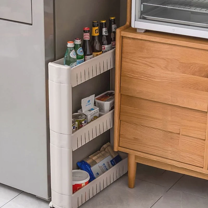 BAKAJI Carrello Carrellino Slim Stretto Salvaspazio Cucina Bagno Ripostiglio con Ripiani e 4 Ruote, Scaffale Portaoggetti Multiuso con rotelle (3 Ripiani)