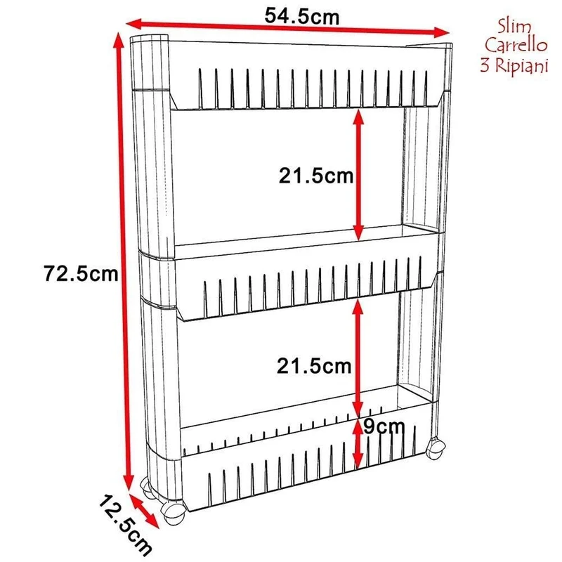 BAKAJI Carrello Carrellino Slim Stretto Salvaspazio Cucina Bagno Ripostiglio con Ripiani e 4 Ruote, Scaffale Portaoggetti Multiuso con rotelle (3 Ripiani)
