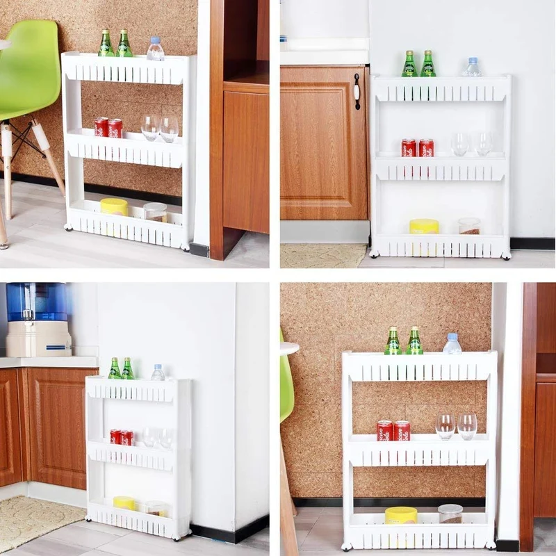 BAKAJI Carrello Carrellino Slim Stretto Salvaspazio Cucina Bagno Ripostiglio con Ripiani e 4 Ruote, Scaffale Portaoggetti Multiuso con rotelle (3 Ripiani)