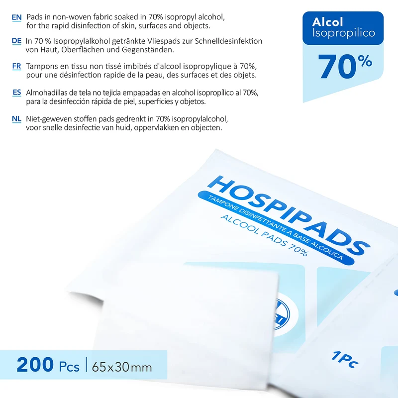 AIESI® Tamponi salviette disinfettanti a base di alcool isopropilico 70% dimensioni 65x30 mm confezionati singolarmente HOSPIPADS (Confezione da 200 pezzi)