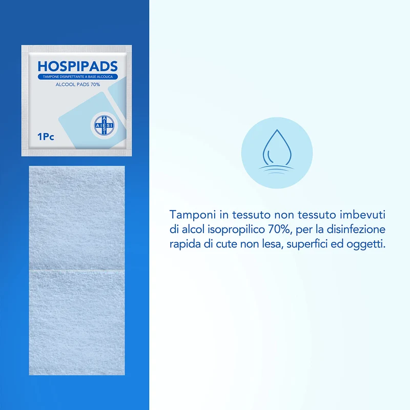 AIESI® Tamponi salviette disinfettanti a base di alcool isopropilico 70% dimensioni 65x30 mm confezionati singolarmente HOSPIPADS (Confezione da 200 pezzi)