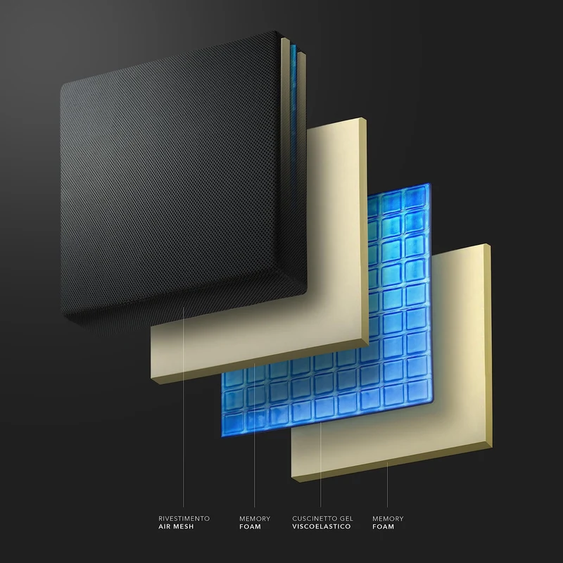 AIESI® Cuscino Antidecubito professionale (Certificato) memory in poliuretano espanso con cuscinetto interno in gel viscoelastico e cinghia di fissaggio cm 44x44x8h