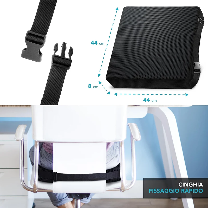 AIESI® Cuscino Antidecubito professionale (Certificato) memory in poliuretano espanso con cuscinetto interno in gel viscoelastico e cinghia di fissaggio cm 44x44x8h
