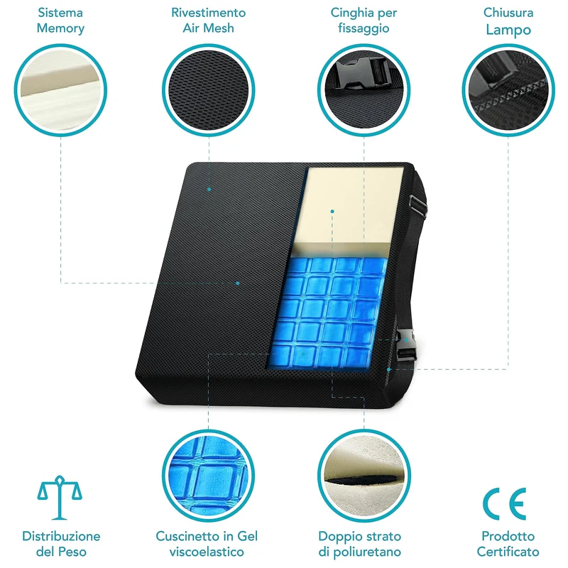 AIESI® Cuscino Antidecubito professionale (Certificato) memory in poliuretano espanso con cuscinetto interno in gel viscoelastico e cinghia di fissaggio cm 44x44x8h