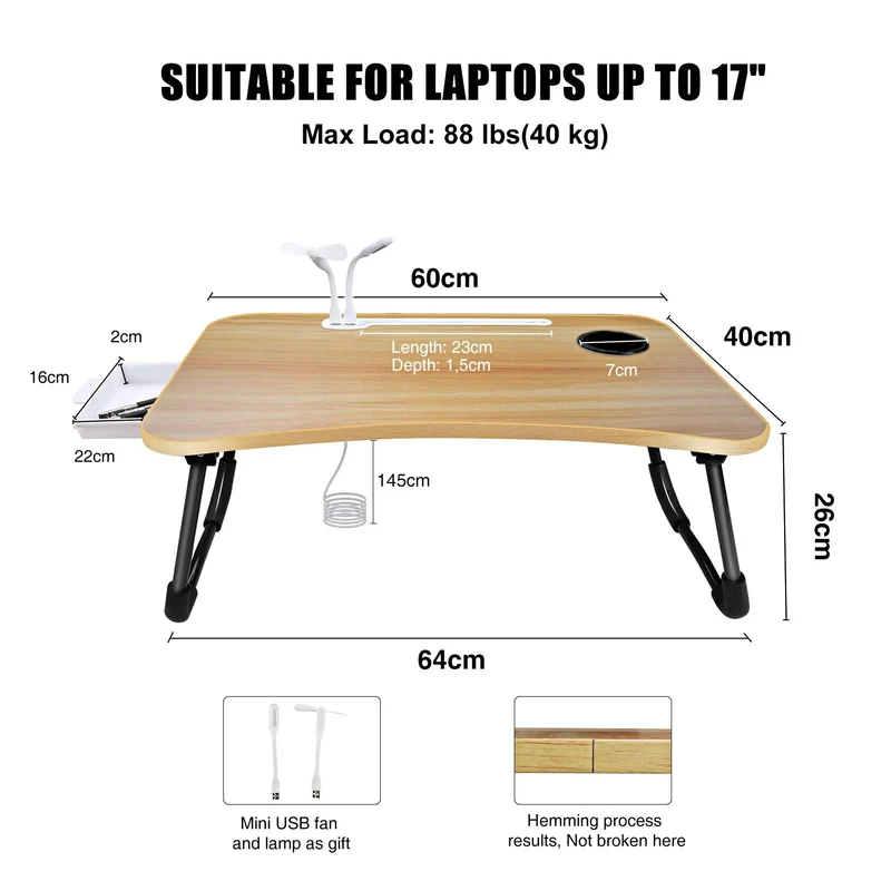 A3A ACADGQ Tavolino da Letto, Tavolo Laptop Pieghevole con 4 Interfaccia USB, Cassetto, Slot per Tazza, Staffa Pad, Scrivania per Letto, Divano, Pavimento (60x40cm, Colore del Legno)