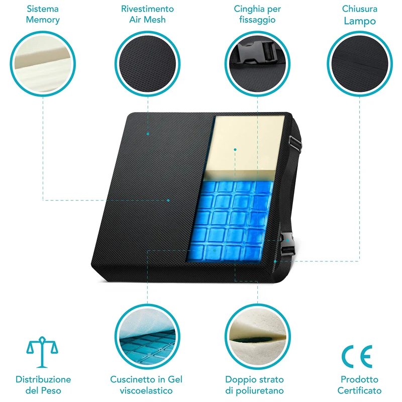 AIESI® Cuscino Antidecubito professionale (Certificato) memory in poliuretano espanso con cuscinetto interno in gel viscoelastico e cinghia di fissaggio cm 44x44x5h
