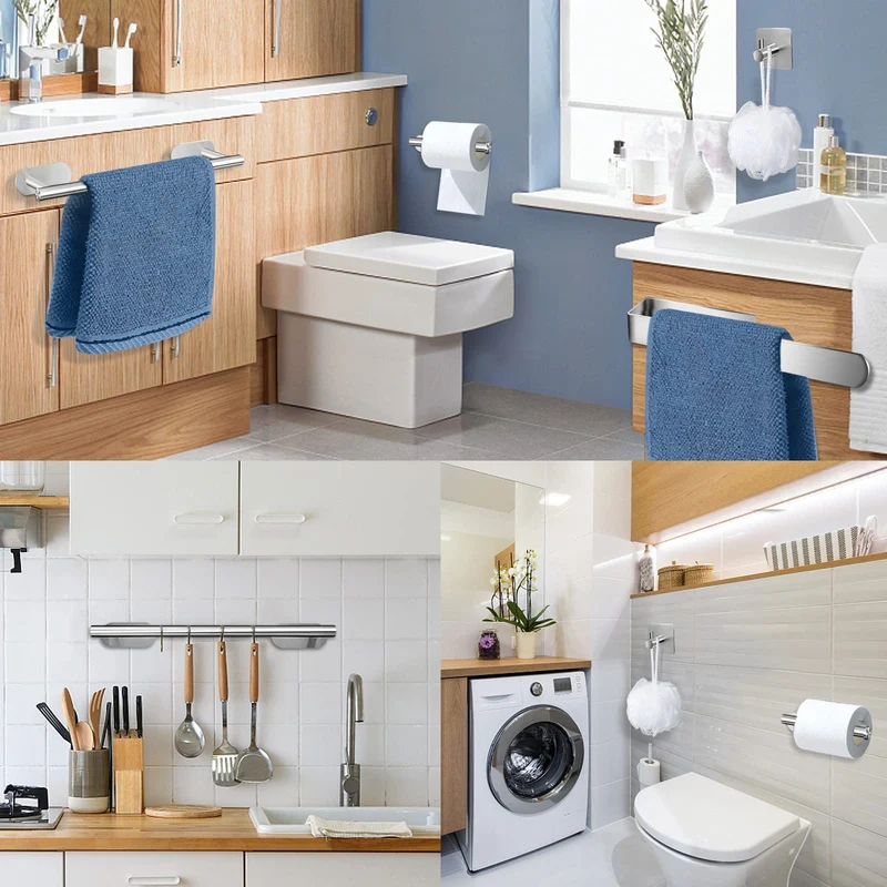 AIKER Porta Asciugamani Bagno,Set di Accessori, Adesivo 8PCS,Acciaio Inossidabile 304 Ispessito di Alta Qualità, Per Mobili o arredo a Parete