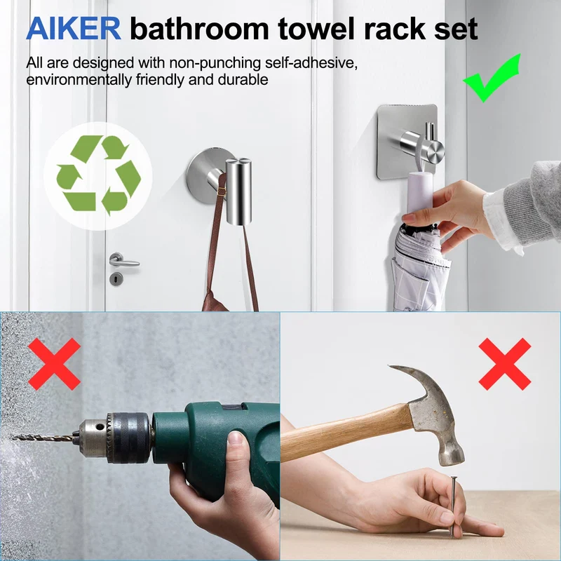 AIKER Porta Asciugamani Bagno,Set di Accessori, Adesivo 8PCS,Acciaio Inossidabile 304 Ispessito di Alta Qualità, Per Mobili o arredo a Parete