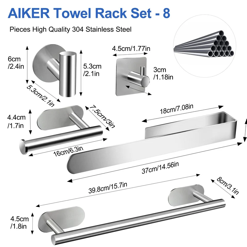 AIKER Porta Asciugamani Bagno,Set di Accessori, Adesivo 8PCS,Acciaio Inossidabile 304 Ispessito di Alta Qualità, Per Mobili o arredo a Parete