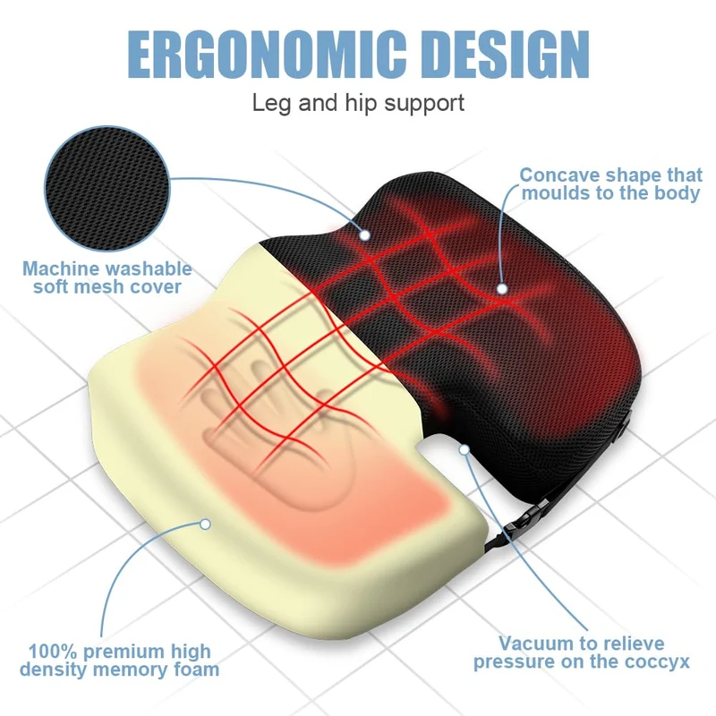 Ainiv Cuscino del Sedile in Memory Foam, Cuscino del Coccige Antiscivolo Regolabile per Seggiolino Auto, Sedia da Ufficio o Sedia, Adatto per Alleviare il Dolore Alla Schiena, All'anca e al Coccige