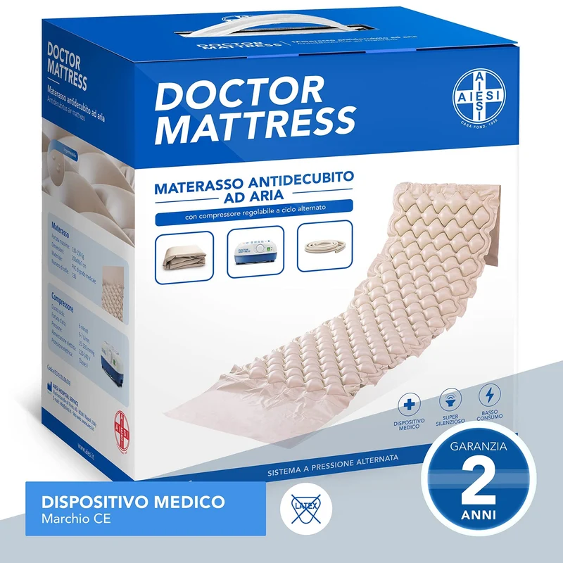 AIESI® Materasso Antidecubito a bolle d'aria con compressore regolabile a ciclo alternato DOCTOR MATTRESS, 130 Celle, Portata 150 Kg, Super-silenzioso, Ganci in acciaio, Garanzia Italia 24 mesi