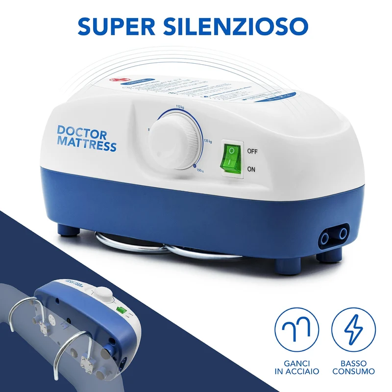 AIESI® Materasso Antidecubito a bolle d'aria con compressore regolabile a ciclo alternato DOCTOR MATTRESS, 130 Celle, Portata 150 Kg, Super-silenzioso, Ganci in acciaio, Garanzia Italia 24 mesi