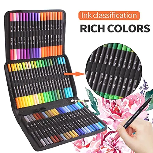 72 Pennarelli Punta Fine per Artisti, Doppia Punta, Brush Pen Lettering per Bambini Libri da Colorare per Adulti Calligrafia Disegno Schizzi