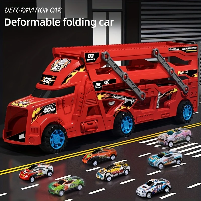 Giocattoli per bambini, camion dei pompieri giocattolo, giocattolo per macchinine retrattile, pieghevole, espulsore, invia otto auto, stoccaggio per auto-giocattolo per bambini e bambine di 3, 4, 5, 6, 7, 8, 9 anni, adatto per fare regali