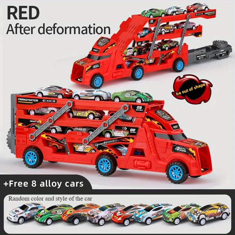 Giocattoli per bambini, camion dei pompieri giocattolo, giocattolo per macchinine retrattile, pieghevole, espulsore, invia otto auto, stoccaggio per auto-giocattolo per bambini e bambine di 3, 4, 5, 6, 7, 8, 9 anni, adatto per fare regali