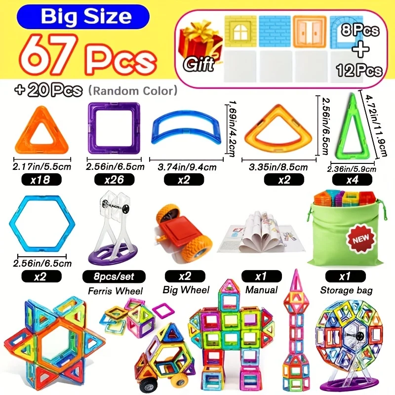 Blocchi magnetici di grandi dimensioni Designer fai da te Magnete Giocattolo Costruttore educativo Set Giocattoli per bambini, Regalo di Natale/Halloween/Ringraziamento