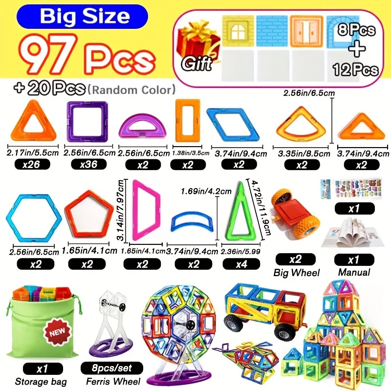 Blocchi magnetici di grandi dimensioni Designer fai da te Magnete Giocattolo Costruttore educativo Set Giocattoli per bambini, Regalo di Natale/Halloween/Ringraziamento