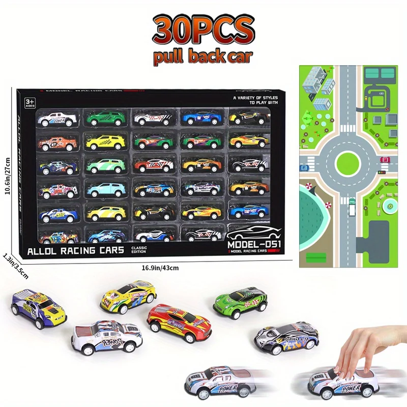 30PCS 7,62 Cm Cars Toys Set, Friction Power Alloy Casting Cars Mini Race Car Con Tappetino Da Gioco, Lega Di Metallo Cars Giocattoli Per Bambini 3 4 5 6 Anni Bambini Ragazzi E Ragazze Regali Per Feste Di Compleanno Di Natale