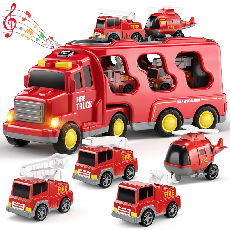 Toddler Fire Engine Toys, per ragazzi e ragazze - 5-In-1 Carrier Truck Transport Cars, Veicoli dei vigili del fuoco per bambini, Regali di Natale e compleanno per ragazzi e ragazze