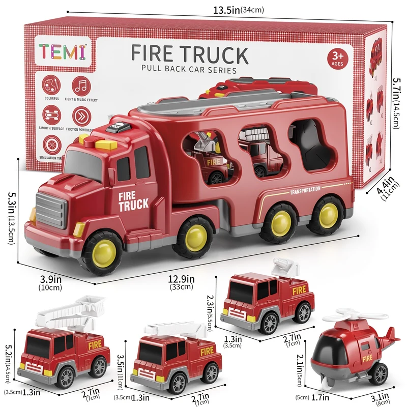 Toddler Fire Engine Toys, per ragazzi e ragazze - 5-In-1 Carrier Truck Transport Cars, Veicoli dei vigili del fuoco per bambini, Regali di Natale e compleanno per ragazzi e ragazze