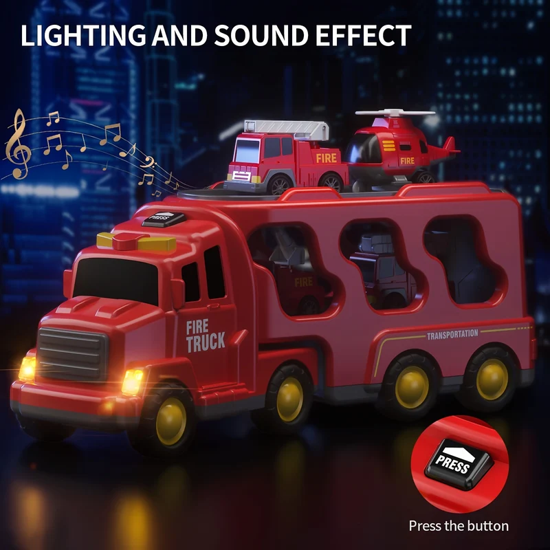Toddler Fire Engine Toys, per ragazzi e ragazze - 5-In-1 Carrier Truck Transport Cars, Veicoli dei vigili del fuoco per bambini, Regali di Natale e compleanno per ragazzi e ragazze