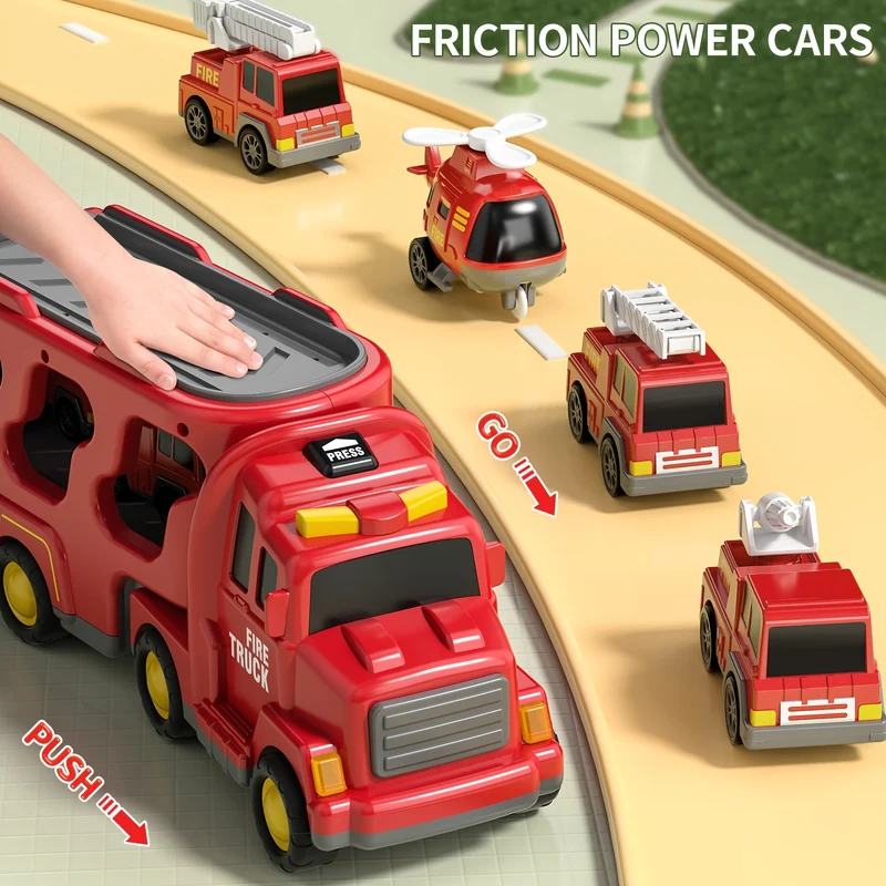 Toddler Fire Engine Toys, per ragazzi e ragazze - 5-In-1 Carrier Truck Transport Cars, Veicoli dei vigili del fuoco per bambini, Regali di Natale e compleanno per ragazzi e ragazze