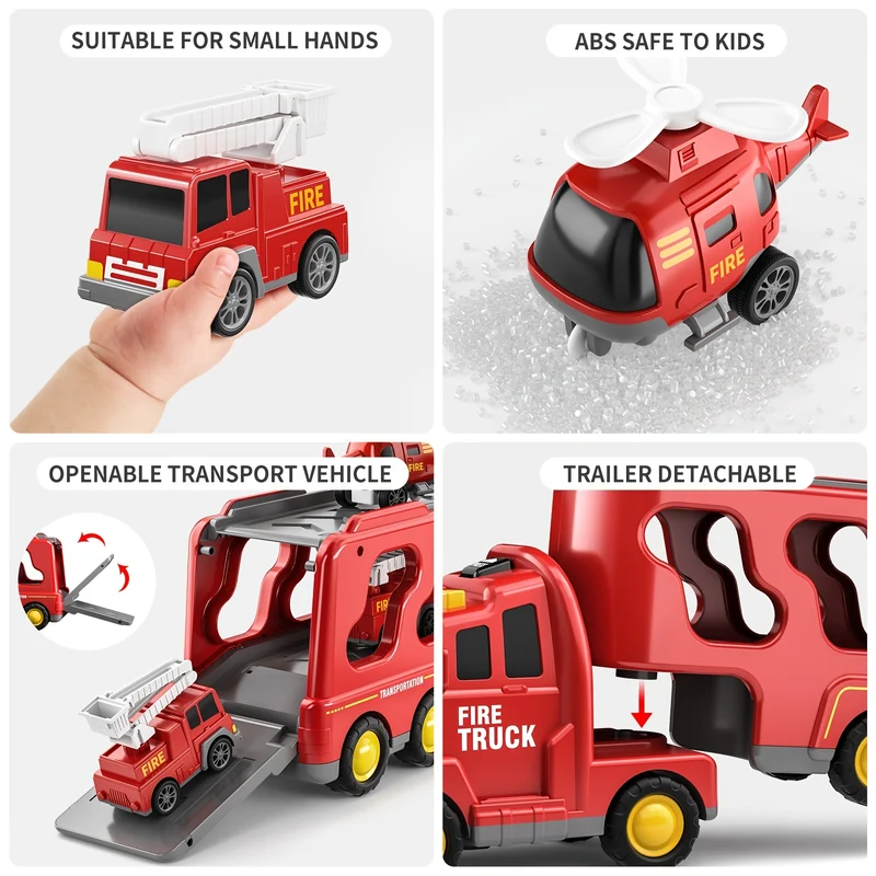 Toddler Fire Engine Toys, per ragazzi e ragazze - 5-In-1 Carrier Truck Transport Cars, Veicoli dei vigili del fuoco per bambini, Regali di Natale e compleanno per ragazzi e ragazze
