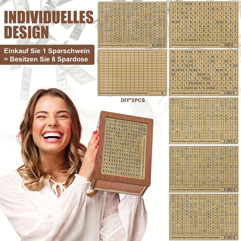 Salvadanaio in legno, salvadanaio, salvadanaio con crossover digitale, salvadanaio con contatore, set salvadanaio riutilizzabile, completo di 8 obiettivi di risparmio Halloween/Giorno del Ringraziamento/regalo di Natale