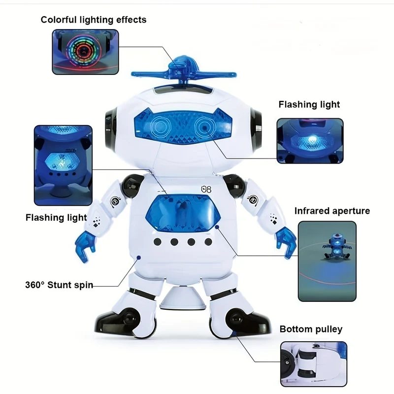 Giocattolo robotico musicale che cammina e balla per bambini, luci lampeggianti, rotazione del corpo a 360 °, figura divertente per bambini maschi e femmine (Modello 1)